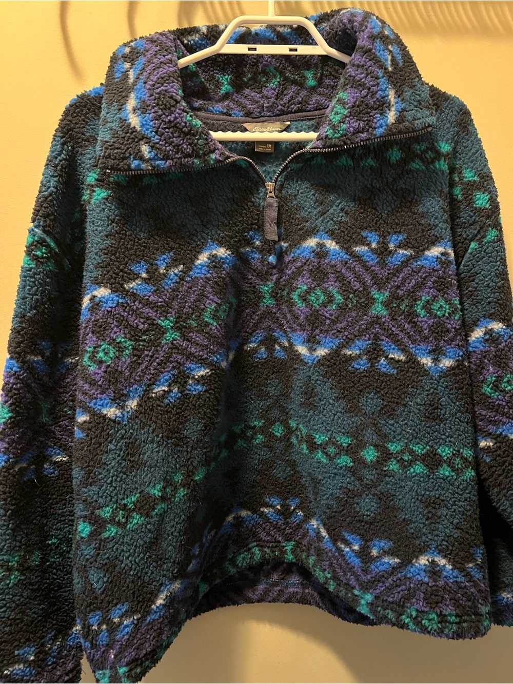 Eddie Bauer Black Teal Purple Patterned Sherpa Quarter-Zip
